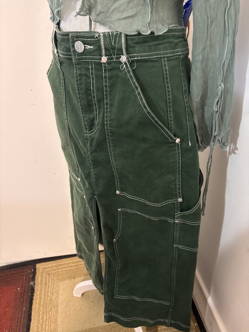 Anthropologie Pilcro Cargo Maxi Skirt Denim Pockets Front Slit Green Sz 6 NWOT - Picture 6 of 14